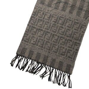 Vintage FENDI Dark Gray & Light Gray Monogram & Stripe Wool Scarf Fringes